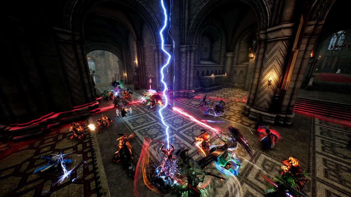 Throne and Liberty battle inside a castle.